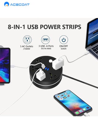 Power Strip, 5 Outlets and 3 USB Ports 2m Extension Cord, Round Socket Overload Surge Protector, 100% Copper Core, Mini Plug Charging Station, Compact for Office, Home, Travel (Black) - view 3