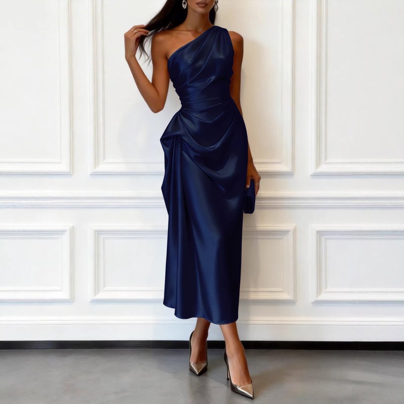 Elegant Sleeveless Asymmetric Waist-Cinching Midi Dress for Evening Party - Image 3