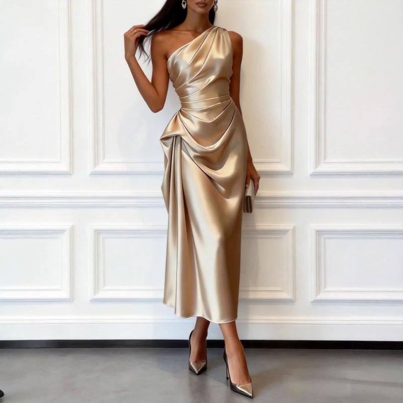 Elegant Sleeveless Asymmetric Waist-Cinching Midi Dress for Evening Party - Image 1