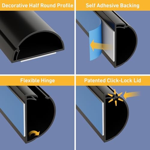 D-Line DLine Half Round Cord Hider Patented Cable Cover Hide TV Wall Mount Wires Raceway for Cords Decorative Wire Covers Paintable Adhesive Cable Concealer 1x 118in W x 059in H x 39in L Black - Image 3