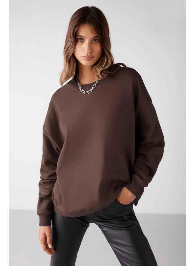 GRIMELANGE VANELTINA Women's Organic Cotton Ultra-Soft Fleece-Lined Round-Neck Brown Sweatshirt.