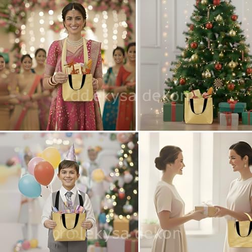 ekysa dekor Gold Metallic Bags with Handles (Pack of 5) - 9x7x3 Inches, Reusable Non-woven Laminated Eco-Friendly Glossy Tote Bags for Wedding/Party Return Gift, Festive Hamper (Water-Resistant) - Image 4