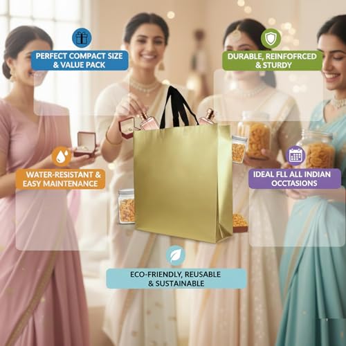 ekysa dekor Gold Metallic Bags with Handles (Pack of 5) - 9x7x3 Inches, Reusable Non-woven Laminated Eco-Friendly Glossy Tote Bags for Wedding/Party Return Gift, Festive Hamper (Water-Resistant) - Image 3