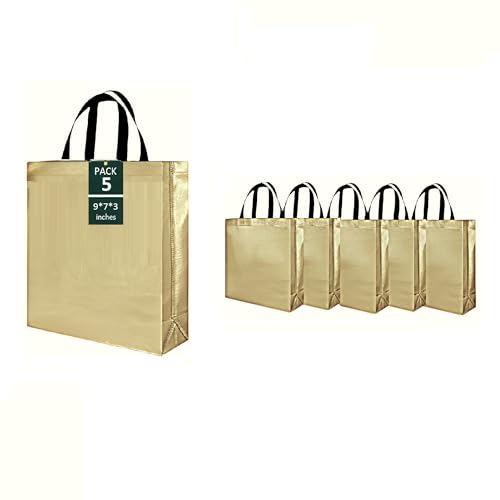 ekysa dekor Gold Metallic Bags with Handles (Pack of 5) - 9x7x3 Inches, Reusable Non-woven Laminated Eco-Friendly Glossy Tote Bags for Wedding/Party Return Gift, Festive Hamper (Water-Resistant) - Image 1