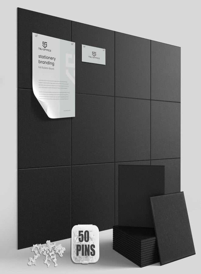 TSJ OFFICE TSJOFFICE Large Cork Board for Wall - Bulletin Board 48" x 36" with 50 Pushpins for Office Decor, Pin Board 12 Pack Felt Wall Tiles with Safe Removable Adhesive Tabs, Corkboard for Home Office - Black - Image 1