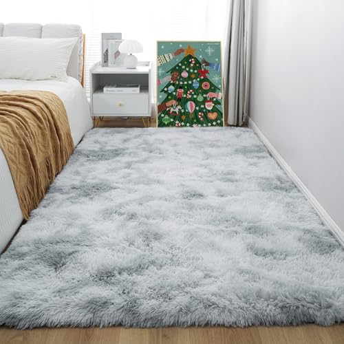 KICHOWUA 4x6 Light Grey Fluffy Shag Area Rug for Bedroom, Ultra Soft Fuzzy Plush Washable Carpet for Living Room, Modern Cozy Non Skid Furry Shaggy Rug for Kids Baby Boys Nursery Dorm,Tie-Dye Gray - Image 1