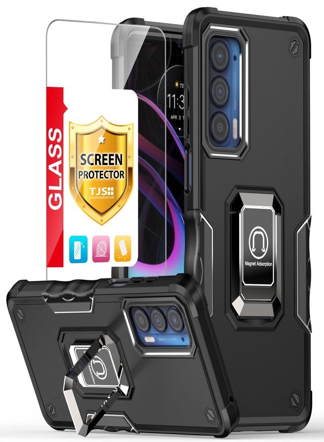 TJ's TJS for Motorola Moto Edge 2021 Case, Moto Edge 5G UW Case, with Tempered Glass Screen Protector, [Military Grade] Heavy Duty Protective Cover, Magnetic Support Ring Kickstand Phone Case (Black) - Image 1
