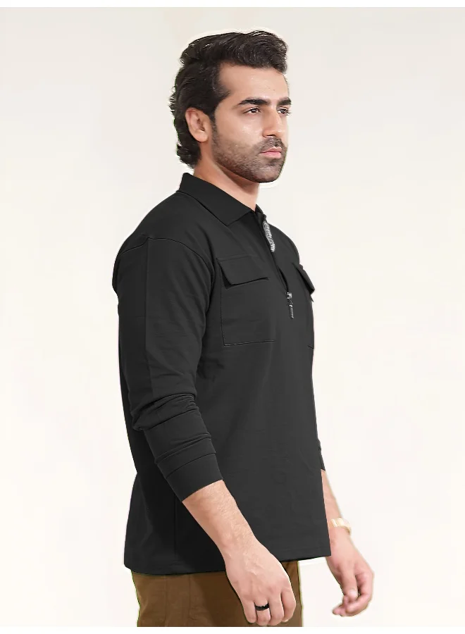 Maniac Mens Solid Oversized Polo Neck 2 Pocket Full Sleeve Black Cotton T-Shirt