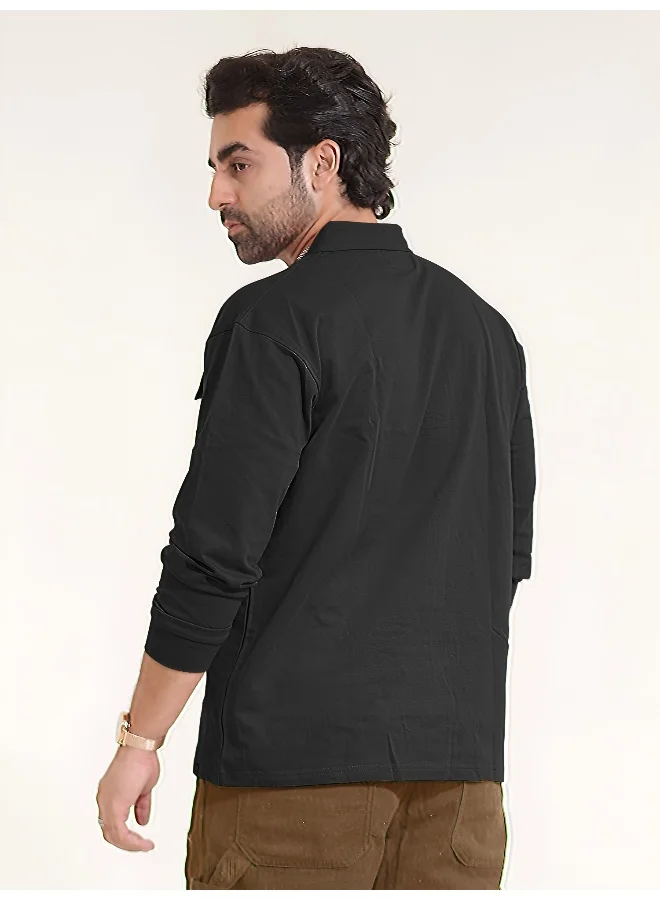 Maniac Mens Solid Oversized Polo Neck 2 Pocket Full Sleeve Black Cotton T-Shirt