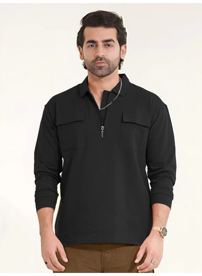 Maniac Mens Solid Oversized Polo Neck 2 Pocket Full Sleeve Black Cotton T-Shirt