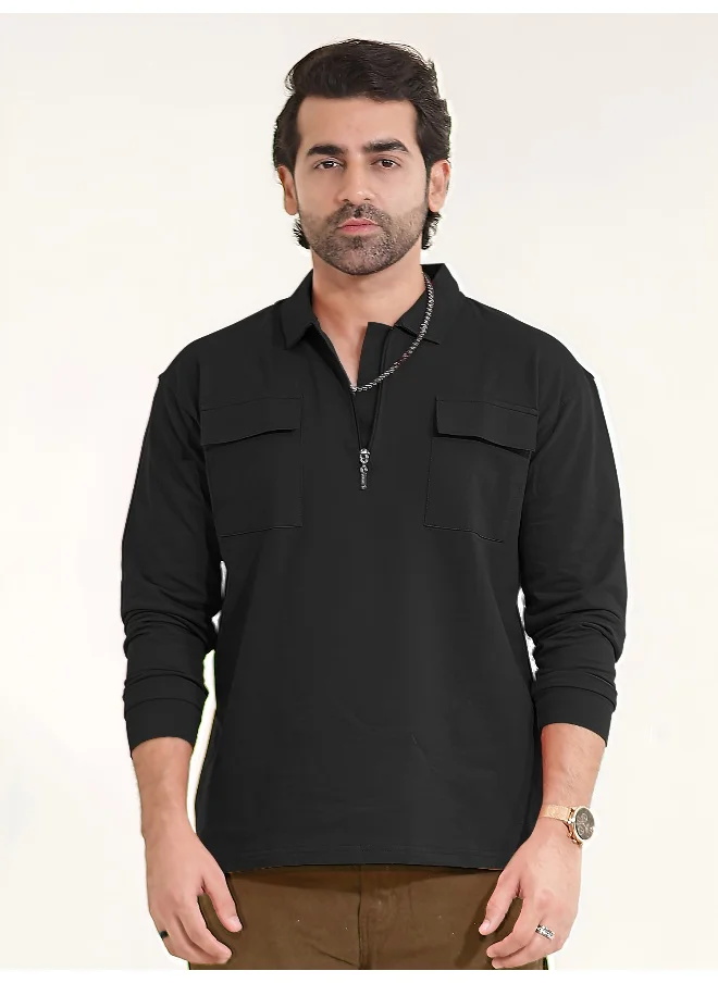 مانياك Mens Solid Oversized Polo Neck 2 Pocket Full Sleeve Black Cotton T-Shirt