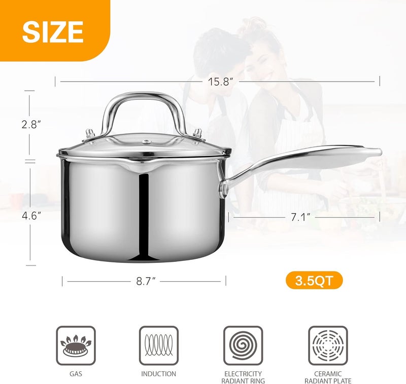 Cyrosa Tri-Ply Stainless Steel Sauce Pan with Steamer Basket & Straining Glass Lid — Heavy-Duty,Thick Base,Rust-Resistant,Warp-Free —100% Food-Grade —Built to Last– Works with All Stovetops, Pasta Pot 3.5 QT - Image 5