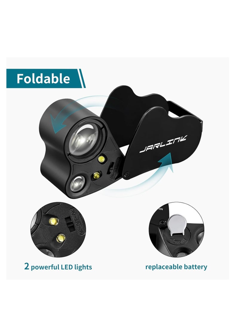 JARLINK - JARLINK 30X 60X Illuminated Jewelers Loupe Magnifier, Foldable Jewelry Magnifier with Bright LED Light for Gems, Jewelry, Coins, Stamps, etc - Image 1