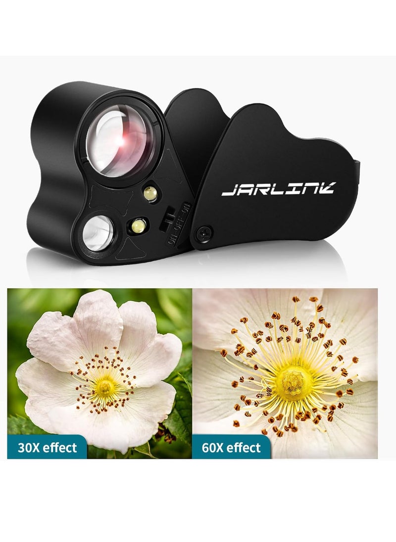 JARLINK - JARLINK 30X 60X Illuminated Jewelers Loupe Magnifier, Foldable Jewelry Magnifier with Bright LED Light for Gems, Jewelry, Coins, Stamps, etc - Image 1