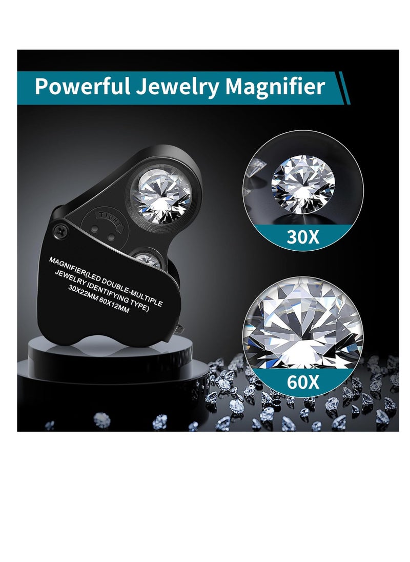 JARLINK - JARLINK 30X 60X Illuminated Jewelers Loupe Magnifier, Foldable Jewelry Magnifier with Bright LED Light for Gems, Jewelry, Coins, Stamps, etc - Image 1