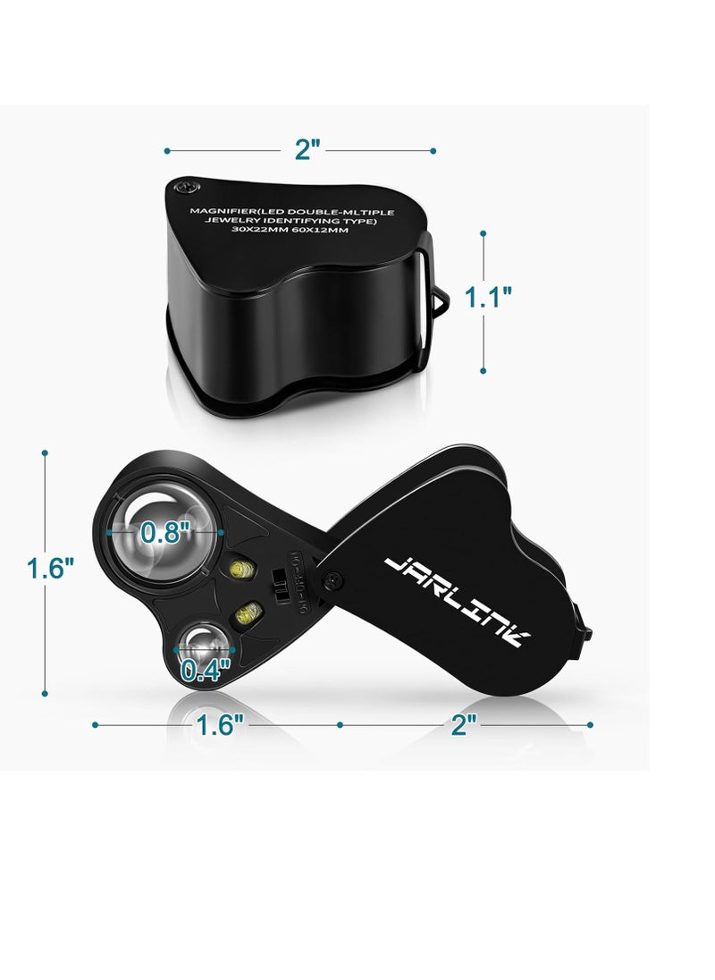JARLINK - JARLINK 30X 60X Illuminated Jewelers Loupe Magnifier, Foldable Jewelry Magnifier with Bright LED Light for Gems, Jewelry, Coins, Stamps, etc - Image 1