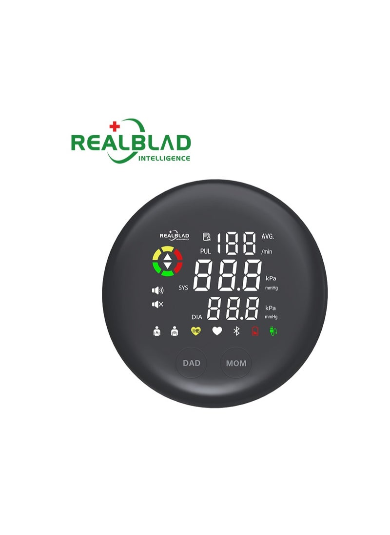 REALBLAD - Blood Pressure Monitor with Mobile App, 3-Color Display, and 360° Surround Arm Band – Perfect Fit for All Arm Sizes, Separate Data Storage (BLACK) - Image 1