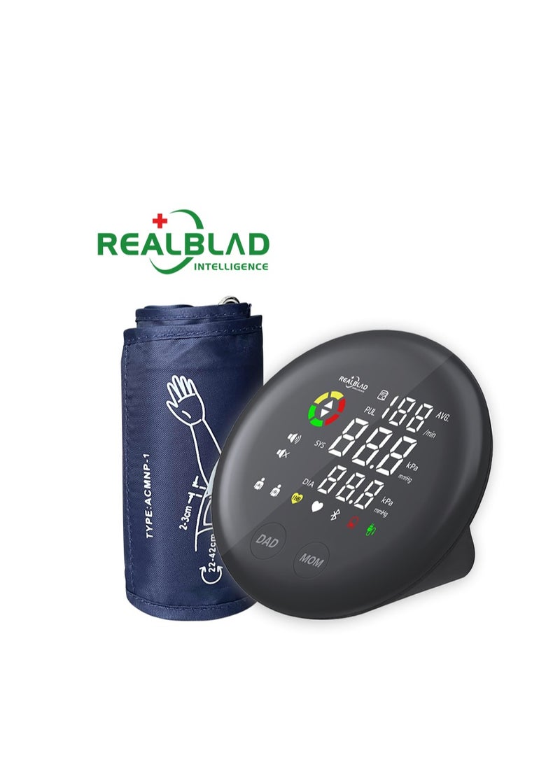 REALBLAD - Blood Pressure Monitor with Mobile App, 3-Color Display, and 360° Surround Arm Band – Perfect Fit for All Arm Sizes, Separate Data Storage (BLACK) - Image 1