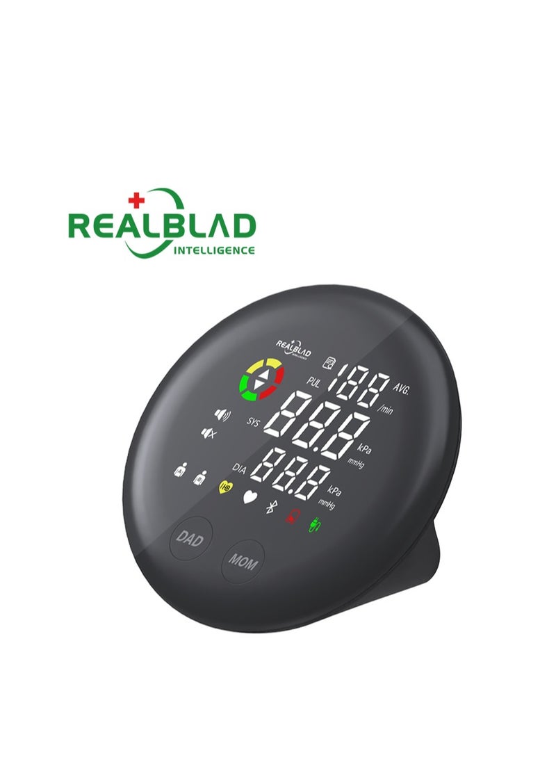 REALBLAD - Blood Pressure Monitor with Mobile App, 3-Color Display, and 360° Surround Arm Band – Perfect Fit for All Arm Sizes, Separate Data Storage (BLACK) - Image 1