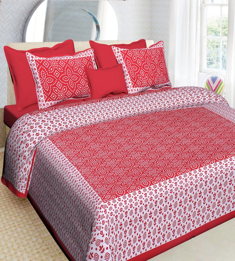 Ealth Kart Premium 100% Cotton Rajasthani Jaipuri Traditional King Size Double Bedsheet with 2 Pillow Covers (Red-2) - Image 1