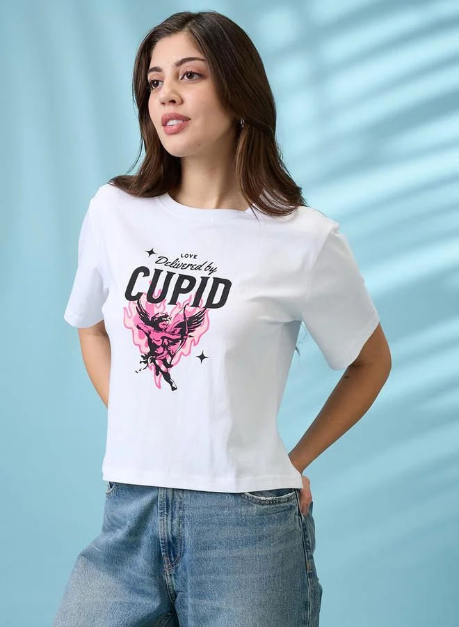 globus Globus White Graphic Print Boxy Crop T-Shirt