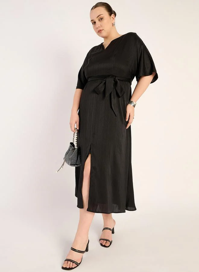Femmella Belted Slit Midi Dress