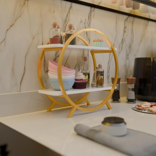 DDS Dream Decor Shoppee DDS Dream Decor Shopee Kitchen Storage Organizer Premium 2 Tier Circular Countertop Organizer Rack || Multishelf Storage Stand for Kitchen, Bathroom or Dressing table Spice Shelf (GOLFDEN WHITE) - Image 1
