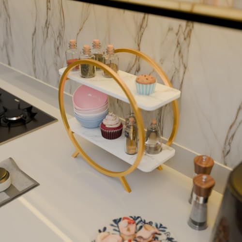 DDS Dream Decor Shoppee DDS Dream Decor Shopee Kitchen Storage Organizer Premium 2 Tier Circular Countertop Organizer Rack || Multishelf Storage Stand for Kitchen, Bathroom or Dressing table Spice Shelf (GOLFDEN WHITE) - Image 2