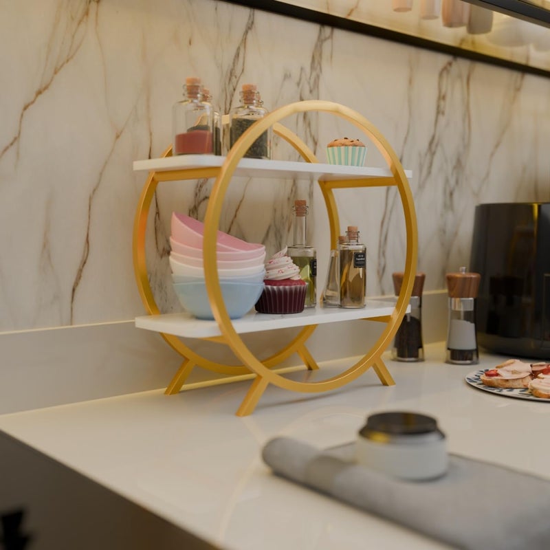 DDS Dream Decor Shoppee DDS Dream Decor Shopee Kitchen Storage Organizer Premium 2 Tier Circular Countertop Organizer Rack || Multishelf Storage Stand for Kitchen, Bathroom or Dressing table Spice Shelf (GOLFDEN WHITE) - Image 5