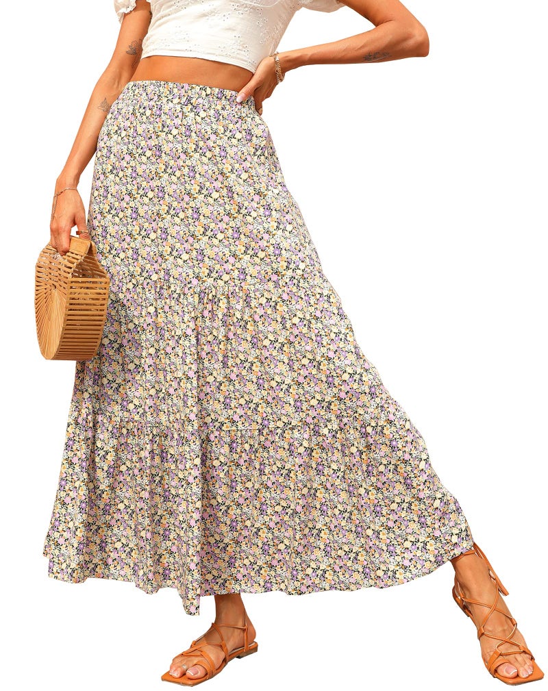 KIRUNDO Women's 2025 Fall High Waist Boho Floral Maxi Skirt Trendy Casual Flowy Swing Pleated A Line Beach Long Skirts(Purple, Medium) - Image 1