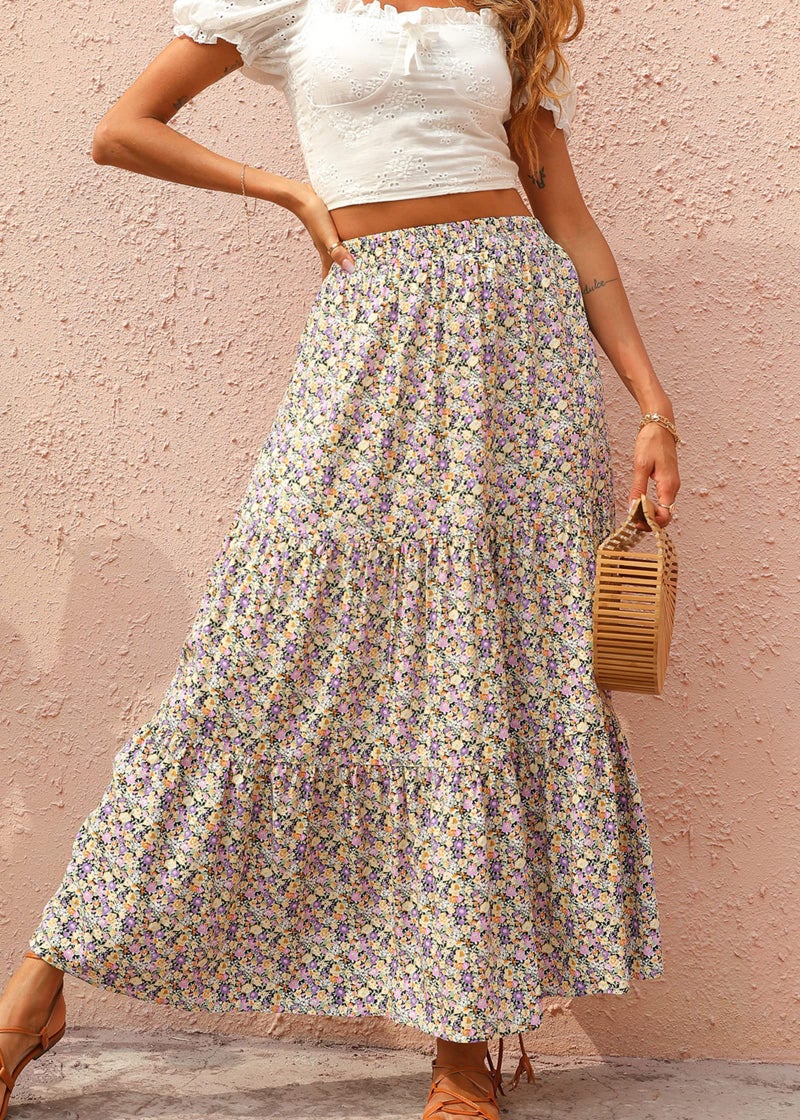 KIRUNDO Women's 2025 Fall High Waist Boho Floral Maxi Skirt Trendy Casual Flowy Swing Pleated A Line Beach Long Skirts(Purple, Medium) - Image 4