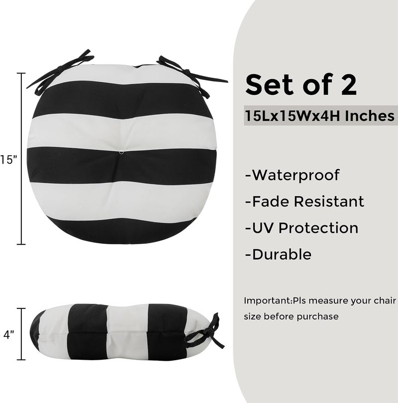 FUNHOME Bistro Chair Cushions 15 inch,Set of 2,Tufted Round Chair Cushions with Ties,15"x15"x4",Water Resistant Round Seat Cushion for Barstool Chairs,Patio Garden Kitchen Outdoor Furniture(Black and White) - Image 2