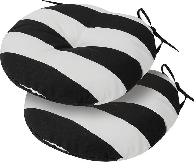 FUNHOME Bistro Chair Cushions 15 inch,Set of 2,Tufted Round Chair Cushions with Ties,15"x15"x4",Water Resistant Round Seat Cushion for Barstool Chairs,Patio Garden Kitchen Outdoor Furniture(Black and White) - Image 1