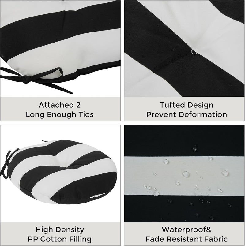 FUNHOME Bistro Chair Cushions 15 inch,Set of 2,Tufted Round Chair Cushions with Ties,15"x15"x4",Water Resistant Round Seat Cushion for Barstool Chairs,Patio Garden Kitchen Outdoor Furniture(Black and White) - Image 4