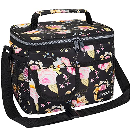 opux Insulated Lunch Bag for Men Women Leakproof Floral Black Lunch Box for Work Portable Soft Lunch Cooler Bag with Shoulder Strap Adult Lunchbox Lunch Pail for Kid Boy Girl School 14 Can8L
