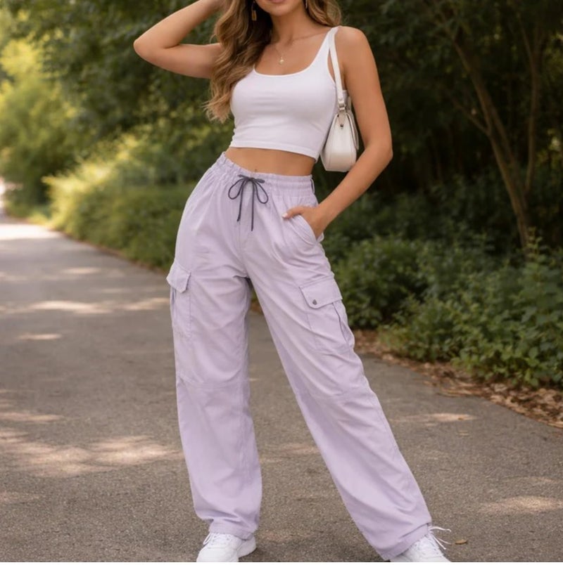 Women's High-Waisted Purple Cargo Pants with Drawstring Waist and Adjustable Cuffed Hem