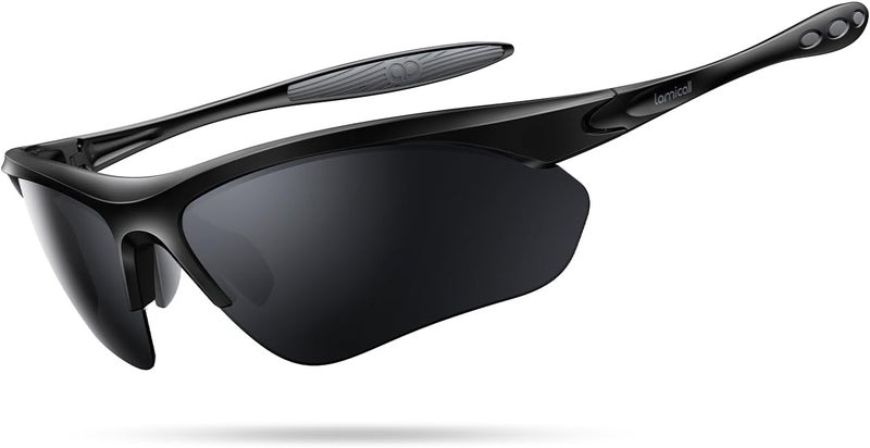 Lamicall 22g Polarized Sports Sunglasses for Men Women - UV400 Protection Sun Glasses for Running Cycling Fishing Golf Driving, Black Gray - Image 1