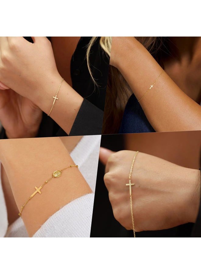 BAYLAY Cross Bracelet for Women - 18K Gold/Whited Plated Cross Bracelet Dainty Gold Cross Bracelet Thin Chain Pearl Double Cross Bracelet Bridesmaid Jewelry Gifts Cross Bracelet for Women, 6, 18K gold - Image 3
