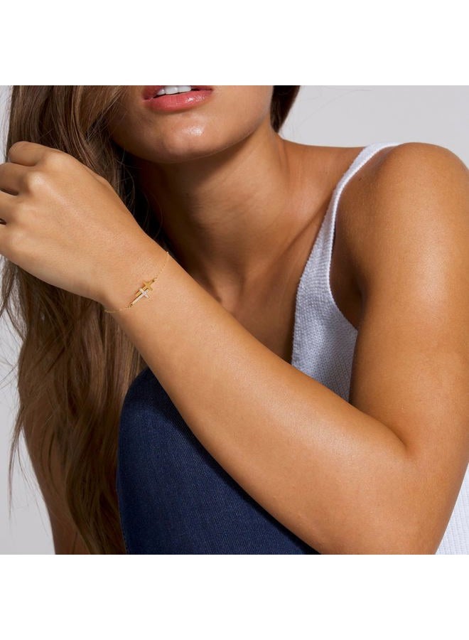 BAYLAY Cross Bracelet for Women - 18K Gold/Whited Plated Cross Bracelet Dainty Gold Cross Bracelet Thin Chain Pearl Double Cross Bracelet Bridesmaid Jewelry Gifts Cross Bracelet for Women, 6, 18K gold - Image 2
