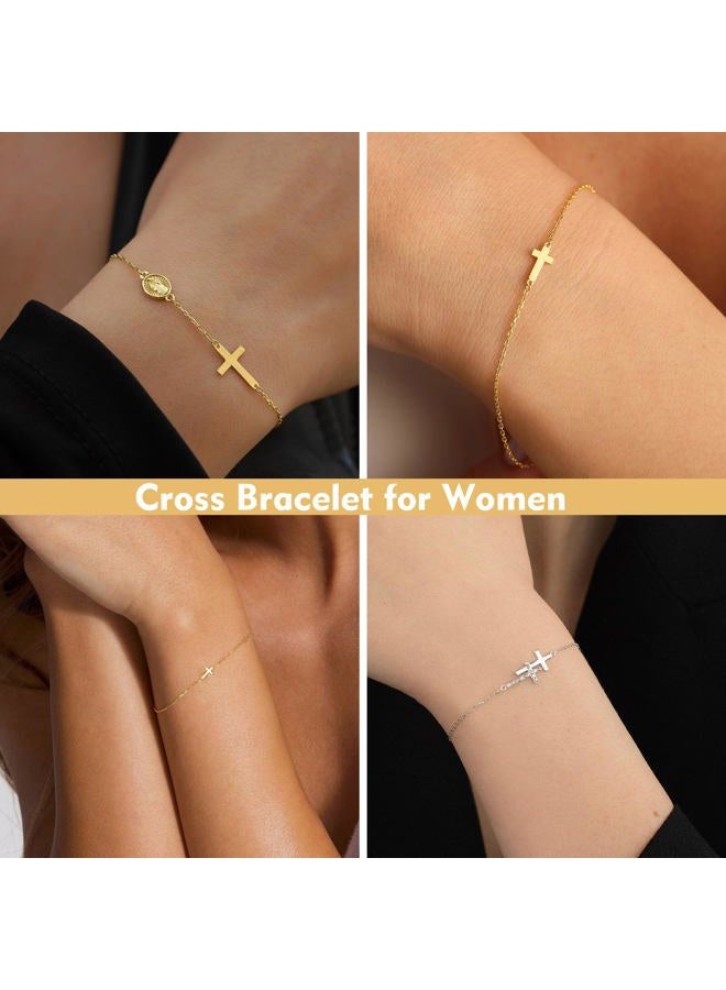 BAYLAY Cross Bracelet for Women - 18K Gold/Whited Plated Cross Bracelet Dainty Gold Cross Bracelet Thin Chain Pearl Double Cross Bracelet Bridesmaid Jewelry Gifts Cross Bracelet for Women, 6, 18K gold - Image 4
