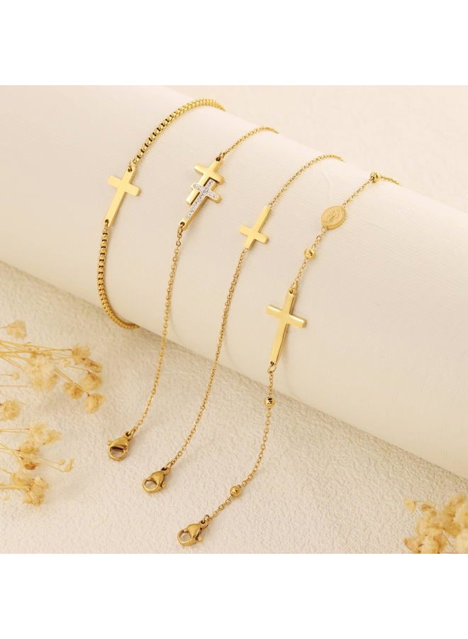BAYLAY Cross Bracelet for Women - 18K Gold/Whited Plated Cross Bracelet Dainty Gold Cross Bracelet Thin Chain Pearl Double Cross Bracelet Bridesmaid Jewelry Gifts Cross Bracelet for Women, 6, 18K gold - Image 5