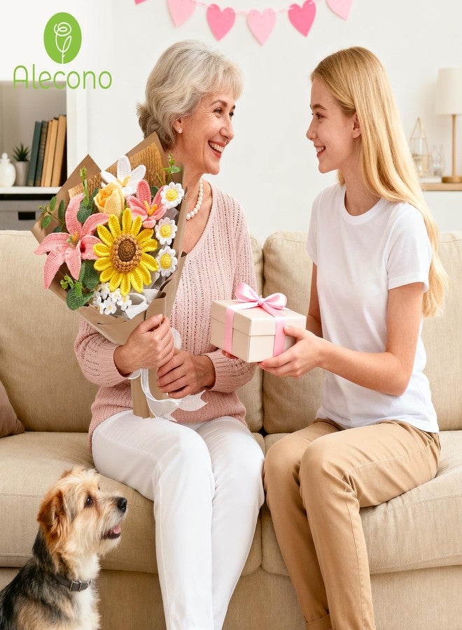 Alecono Crochet Flower Bouquet, Pink Knitted Flowers, Large Crocheted Flower for Anniversary Party Gifts for Her(Include Card) - Image 3