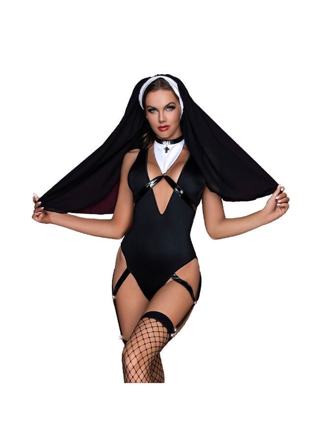 Women’s Cosplay Costume Lingerie outfit– 3PCS Women’s Lingerie Set , One-Piece Bodysuit & Stockings, Sexy Roleplay Outfit in Black - Image 3