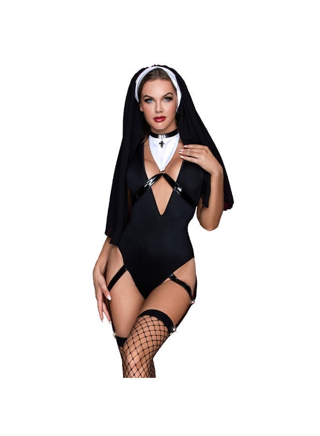 Women’s Cosplay Costume Lingerie outfit– 3PCS Women’s Lingerie Set , One-Piece Bodysuit & Stockings, Sexy Roleplay Outfit in Black - Image 1