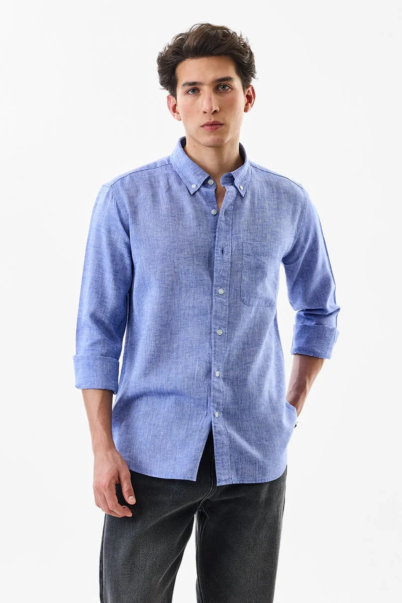 سنيتش قميص أزرق بقصة عادية من مزيج الكتان