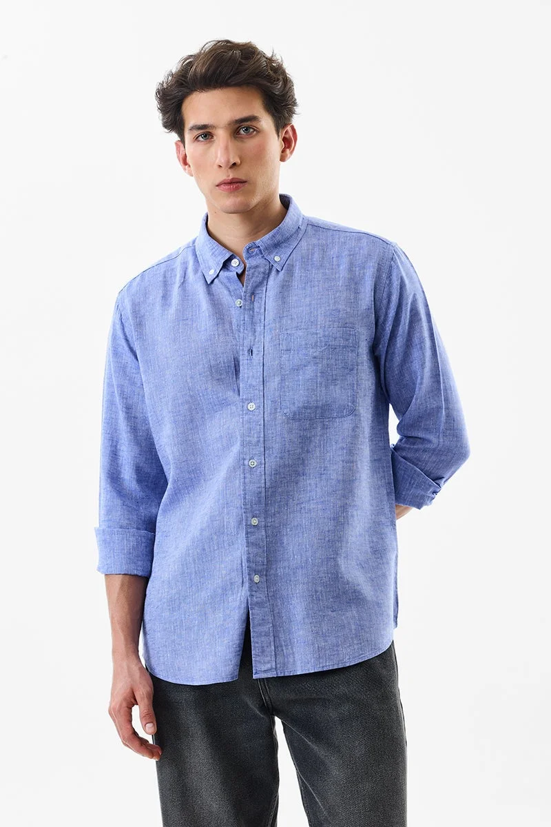 SNITCH Regular Fit Linen Blend Blue Shirt