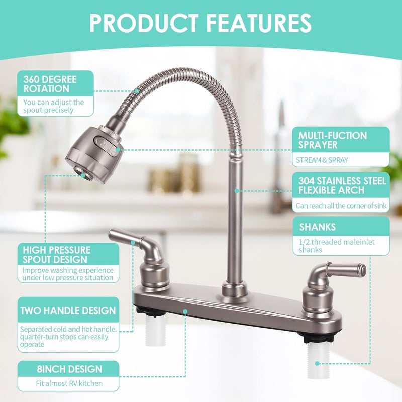 JAKARDA RV Kitchen Faucet Non-Metallic, Flexible Spout for Campers, Motorhomes, Travel Trailers (Brushed Nickled) - Image 3