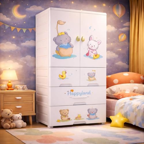 Mevigo 4- Door Plastic Wardrobe for Kids| Almirah and Wardrobe for Baby Clothes| Modular Storage Cabinet with Wheel Organizer for Cupboard Rack for Clothes/Shoes/Books/Toy-Funny Bear-SJ6514 - Image 1