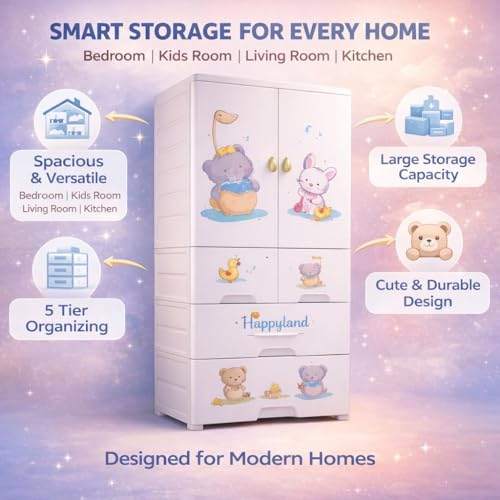 Mevigo 4- Door Plastic Wardrobe for Kids| Almirah and Wardrobe for Baby Clothes| Modular Storage Cabinet with Wheel Organizer for Cupboard Rack for Clothes/Shoes/Books/Toy-Funny Bear-SJ6514 - Image 4