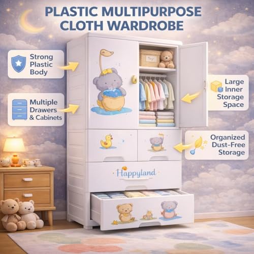 Mevigo 4- Door Plastic Wardrobe for Kids| Almirah and Wardrobe for Baby Clothes| Modular Storage Cabinet with Wheel Organizer for Cupboard Rack for Clothes/Shoes/Books/Toy-Funny Bear-SJ6514 - Image 2